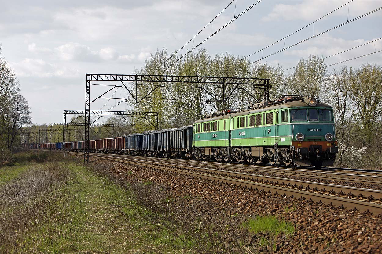 PKP Cargo ET41-08 hauls an east bound coal train at Gliwice Labedy on 19 April 2011.